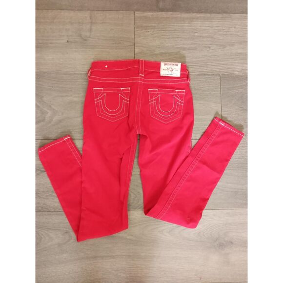 TRUE RELIGION Red Jeans Stretchy Super Skinny Low White Stitch 5 Pocket SZ 26 - Picture 11 of 11